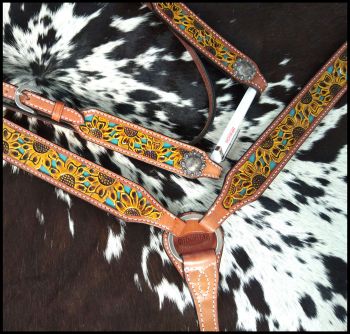 Showman Hand Painted Sunflower tooled Browband Headstall and Breast collar Set #3
